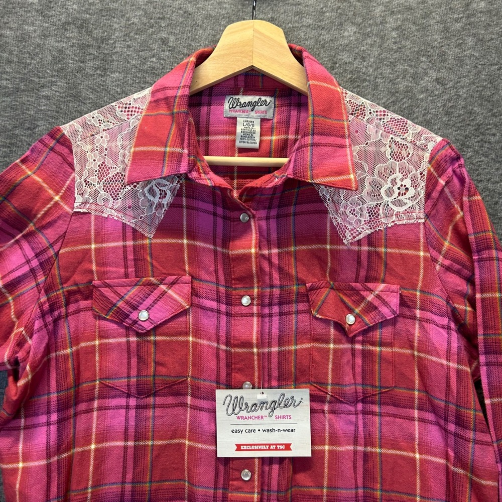 Wrangler Wrancher Womens Pink Plaid Lace Yoke Western Snap Shirt Large NEW